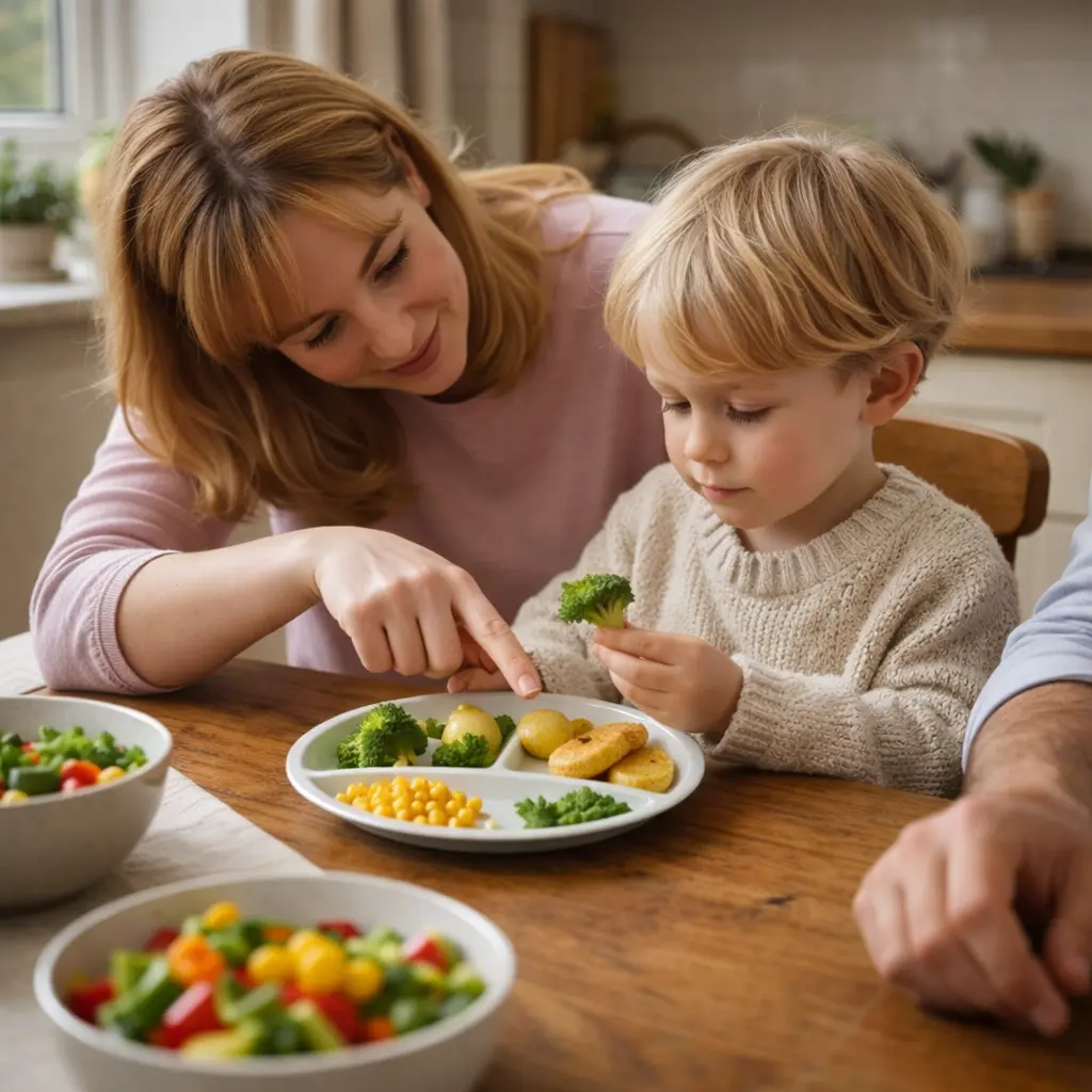 A mother gently encouraging her young child to try vegetables at the kitchen table
