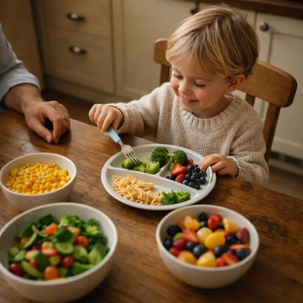 A young child smiling at a divided plate of vegetables, pasta and fresh fruit at home