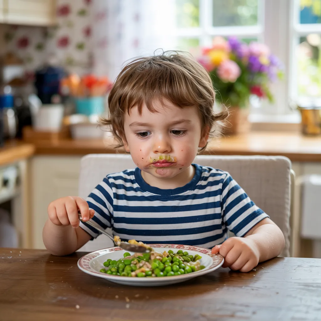 A toddler with a messy face looking hesitantly down at a plate of green peas indoors
