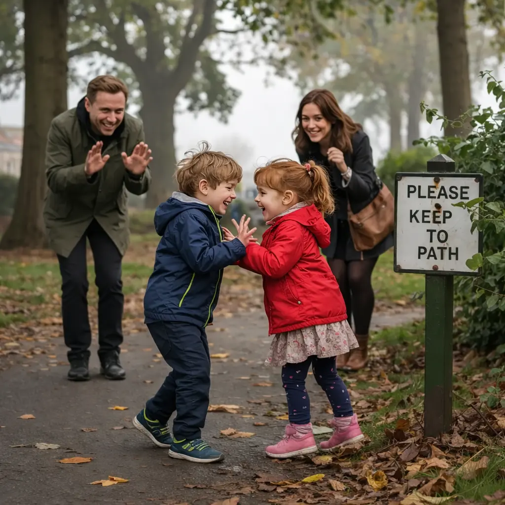 Two young children playing near a keep to path sign as their parents watch nearby
