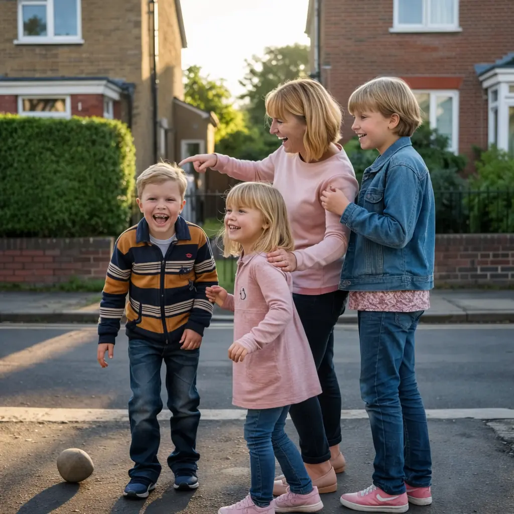 A mother pointing and giving directions to her three laughing children outdoors