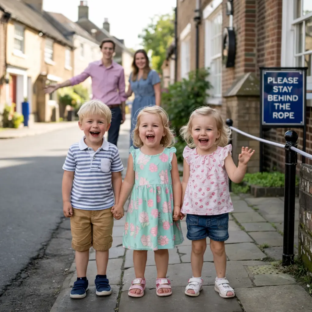 Three young children laughing outdoors near a please stay behind the rope sign