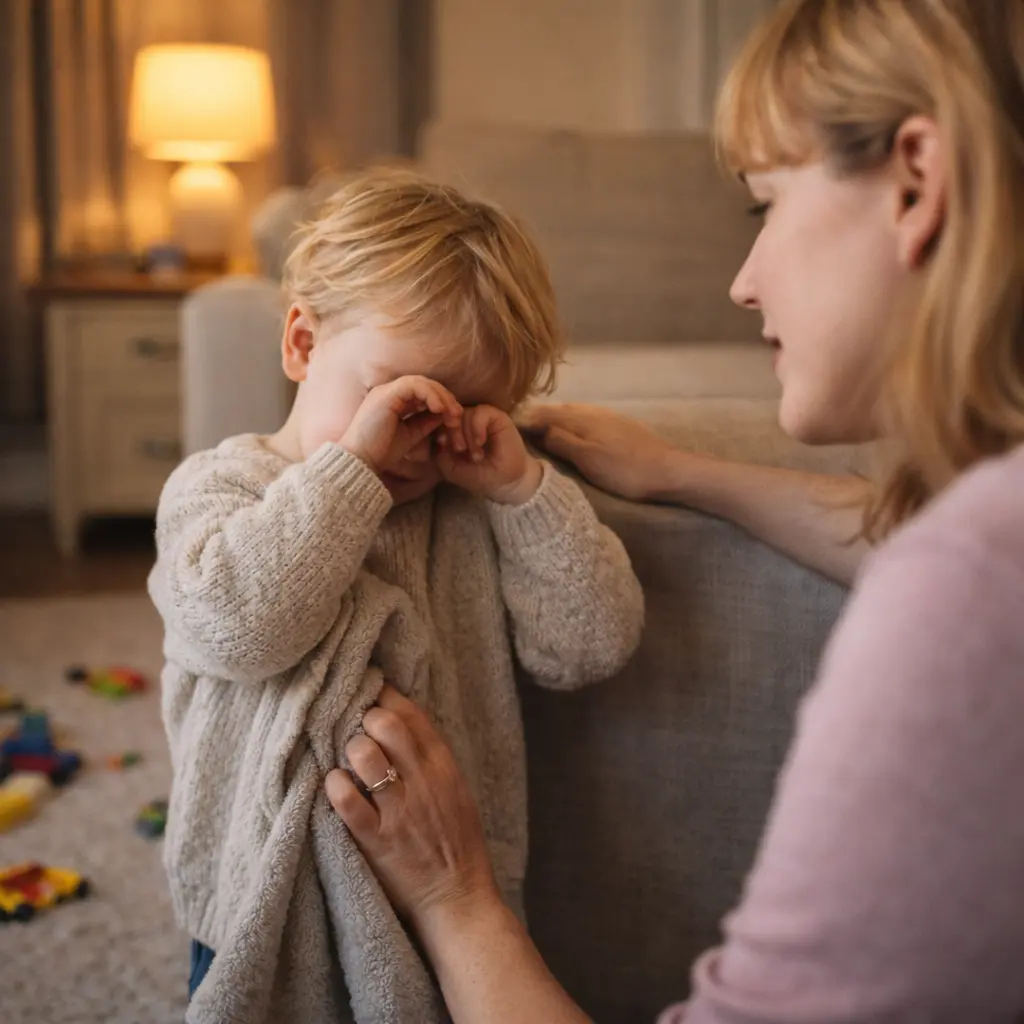 A tired and upset toddler rubbing their eyes while a mother comforts them at night
