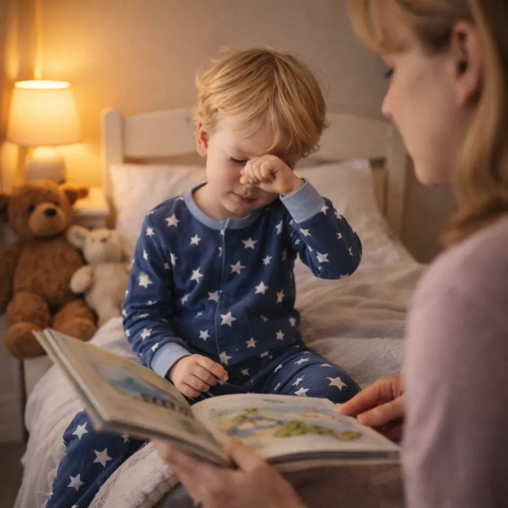 A sleepy child in star pyjamas rubbing his eyes as his mother reads a bedtime story