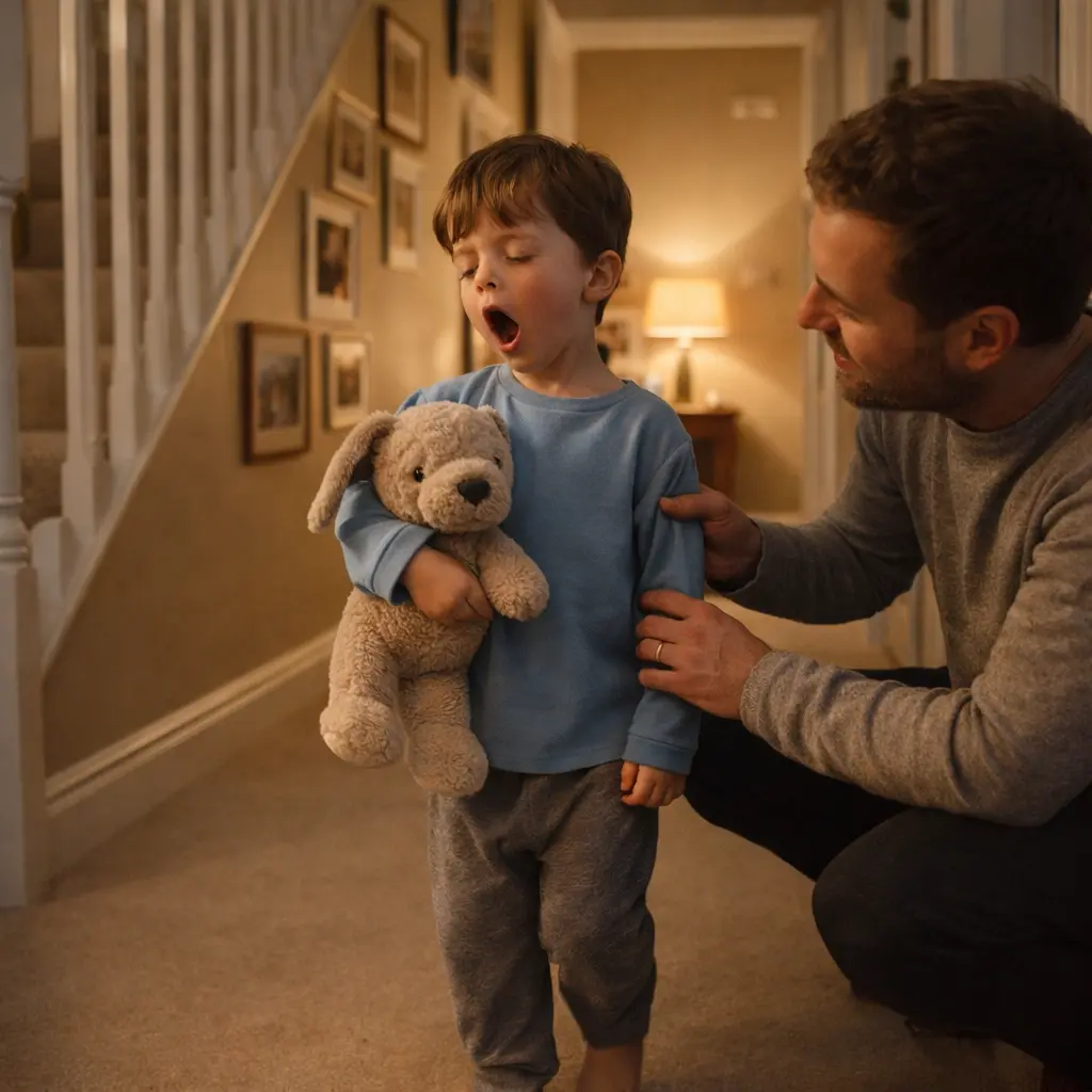A tired toddler yawning and holding a stuffed toy as his father guides him to bed