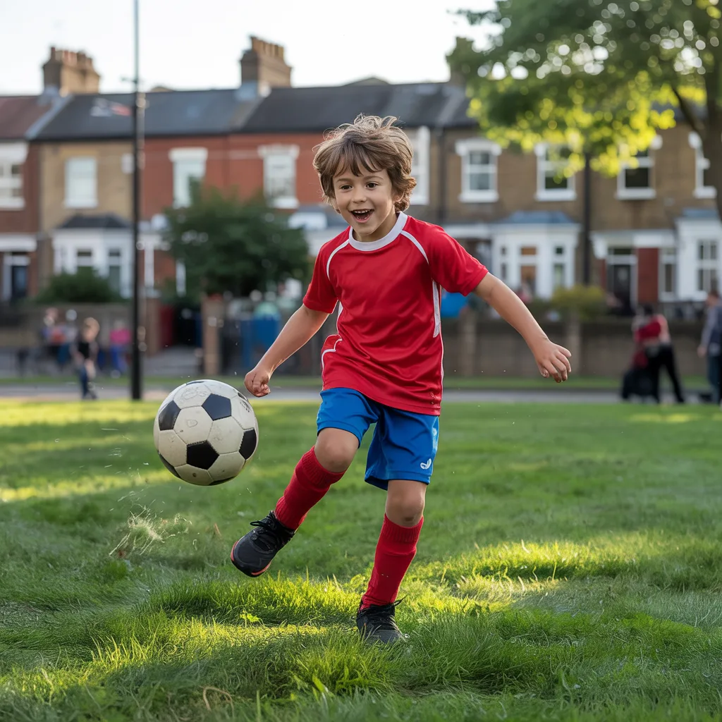 A young boy in a red football kit happily kicking a ball on a grass pitch outdoors