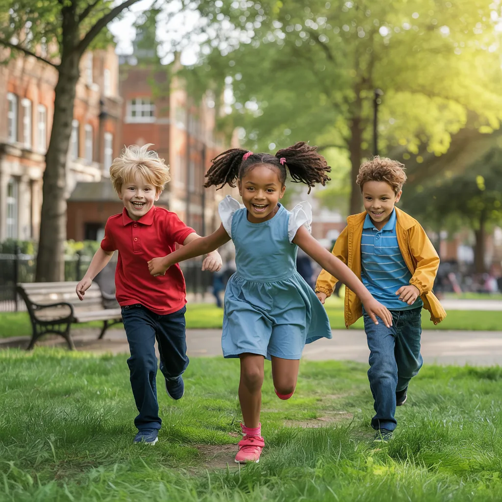Three diverse children laughing and running together freely in a sunny urban park