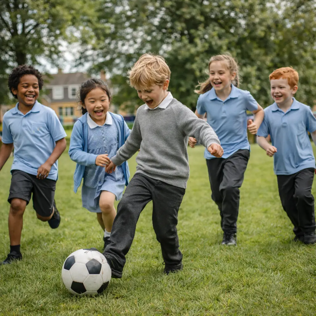 A group of happy school children in uniform playing football together on a grass field