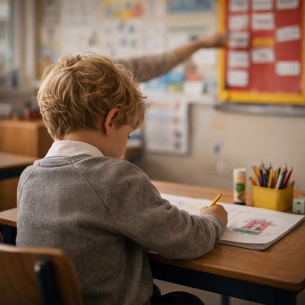A young boy focused on writing at his desk in a bright and busy primary classroom