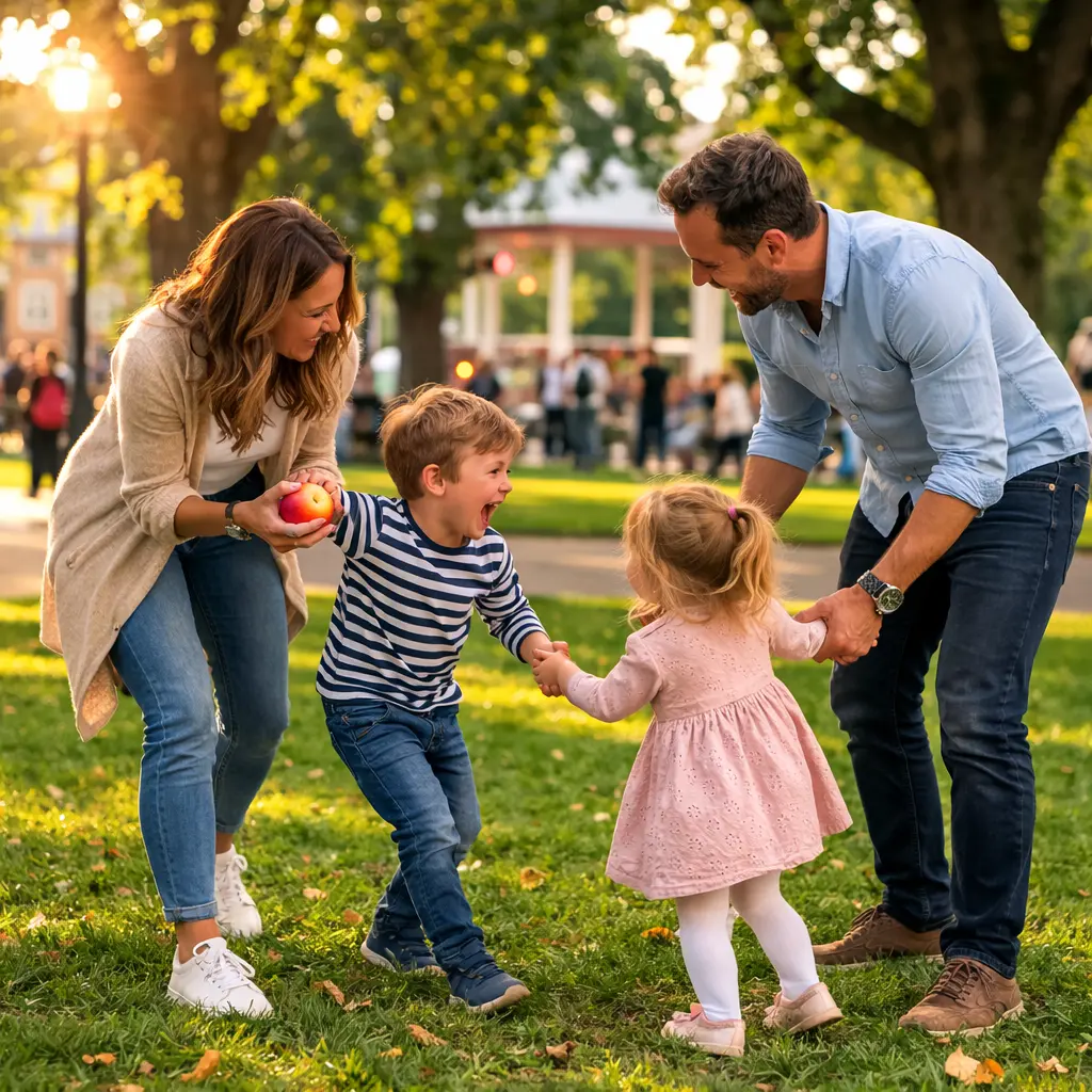 Parents playing and laughing with their young children in a sunny park setting