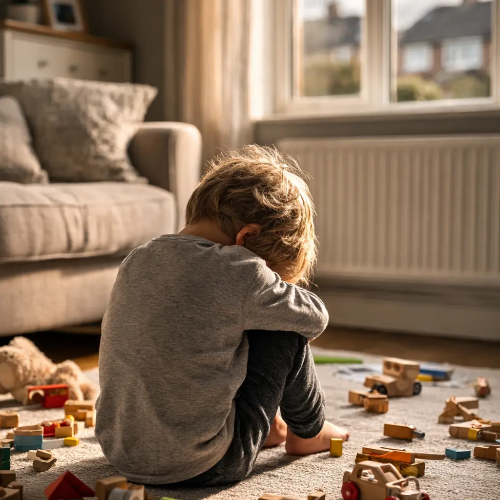 A upset child sitting alone on the floor surrounded by scattered toys at home