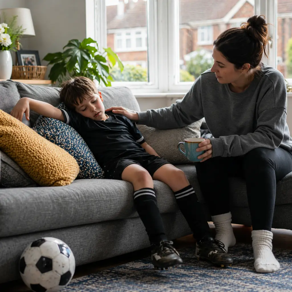 Tired child resting on sofa after activity while parent shows concern and gentle support