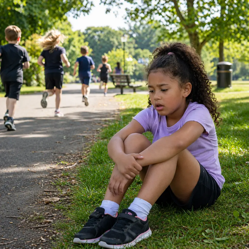 Young girl sitting alone in park looking fatigued as other children run and play nearby