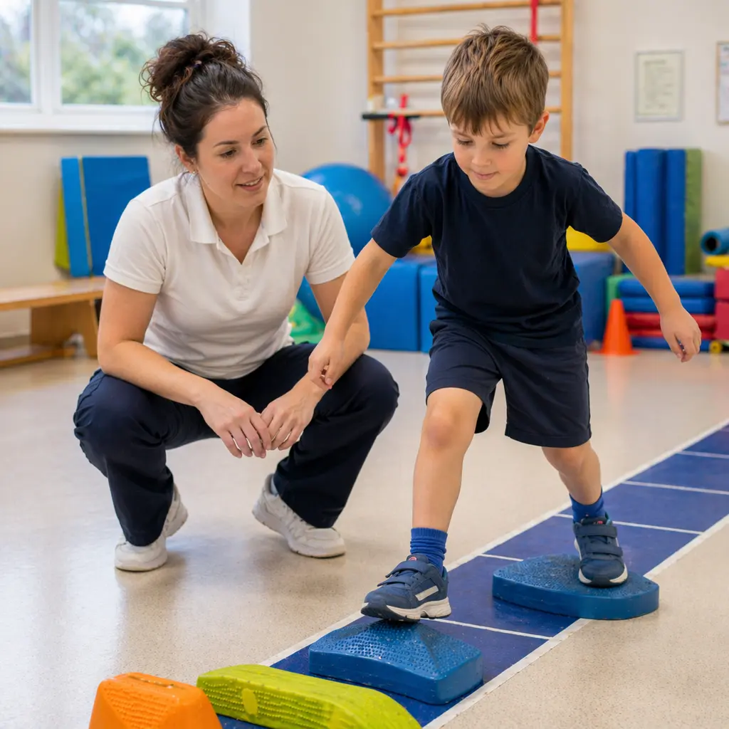 Therapist guiding child through balance exercise to improve strength and coordination skills