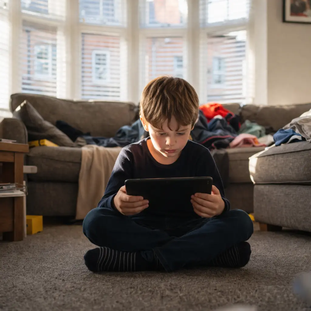 Young boy focused on tablet on carpet, highlighting screen addiction children behavior indoors