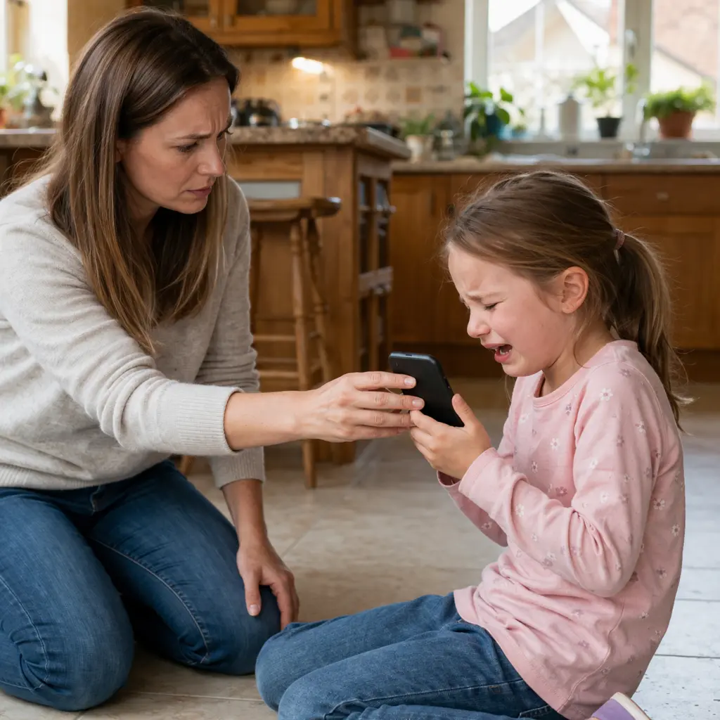 Concerned mother taking phone from crying girl, showing screen addiction in children at home