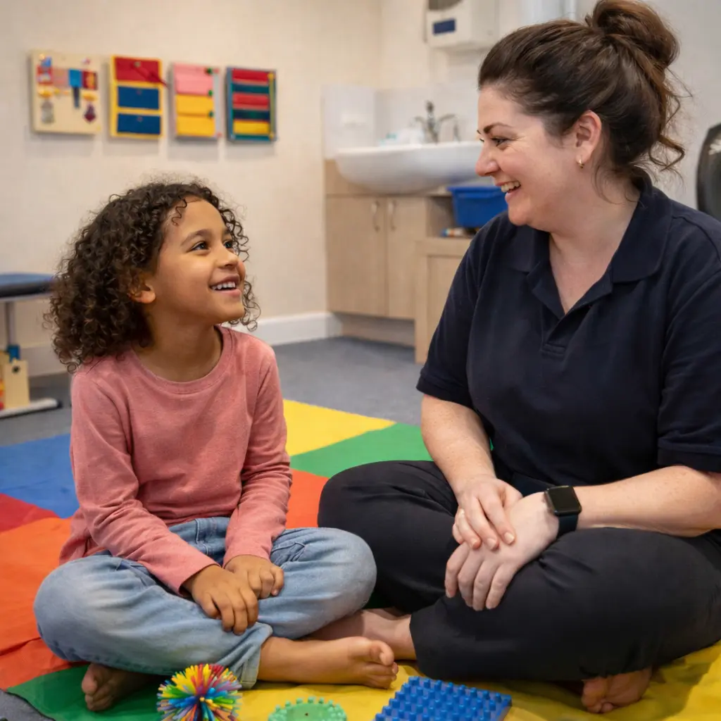 Child engaging with therapist on mat, addressing screen addiction children through play therapy