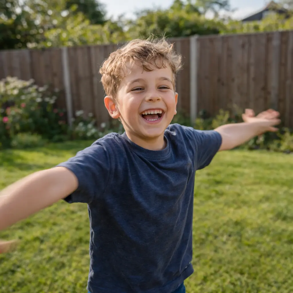 Happy boy playing outdoors with arms wide, enjoying active play and freedom in garden space