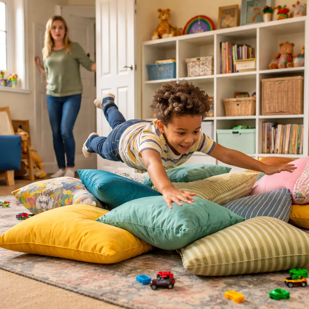 Child jumping on cushions indoors, showing energetic sensory play and fun home activity