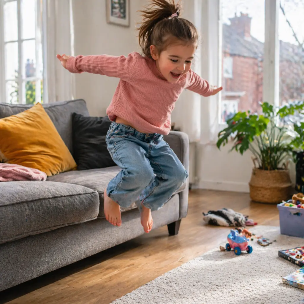 Young girl jumping off sofa, expressing excitement through active indoor play at home