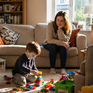 Young child playing with blocks while parent watches thoughtfully in a cozy living room