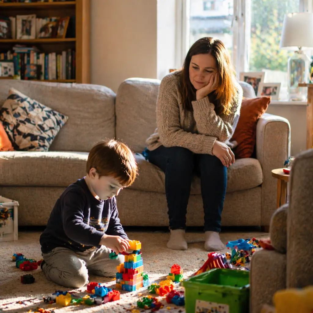 Young child playing with blocks while parent watches thoughtfully in a cozy living room
