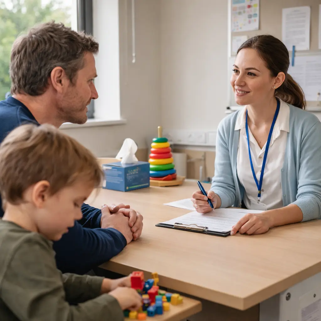 Parent discussing child development concerns with therapist in a calm clinical setting