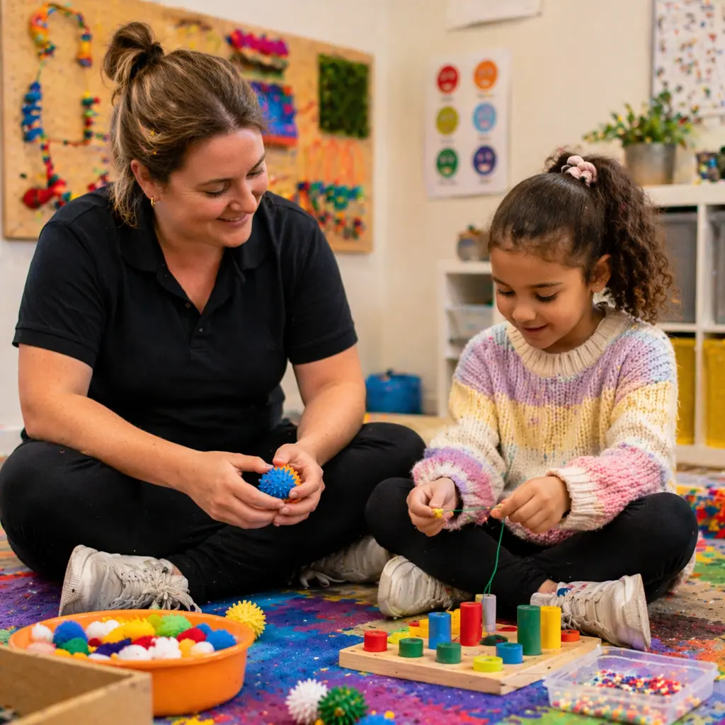 Therapist guiding child through hands-on activity using colourful toys in a learning space