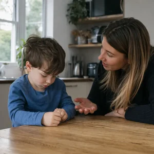 Parent gently talking to child at table, encouraging communication and emotional expression