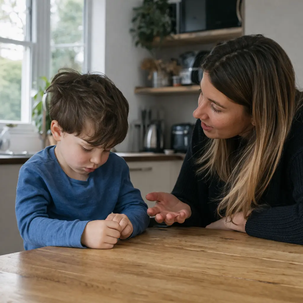 Parent gently talking to child at table, encouraging communication and emotional expression