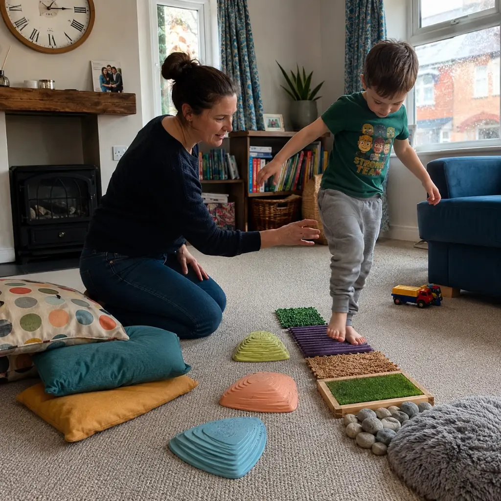 Child using sensory stepping path at home with parent during balance activity