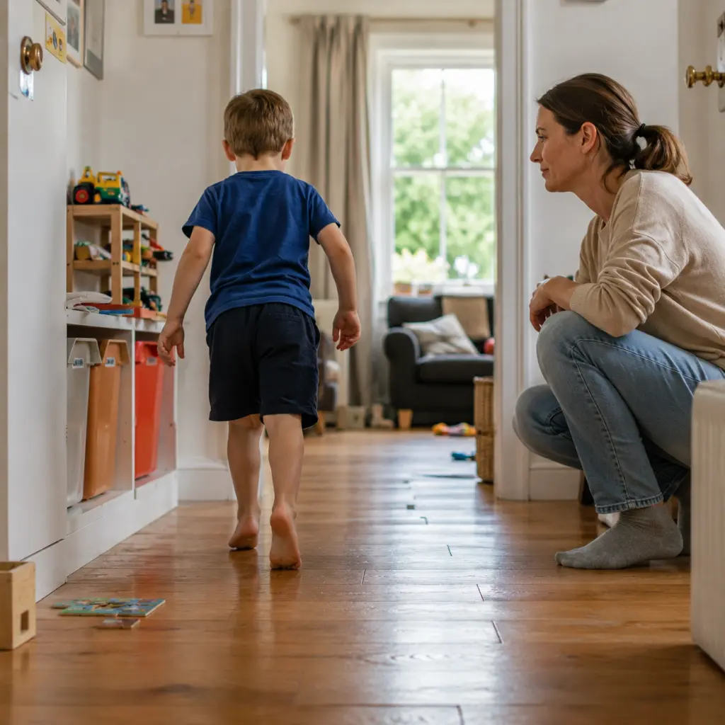 Parent observing child walking on tiptoes through hallway at home