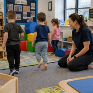 Therapist watching children practise balance and barefoot walking in classroom