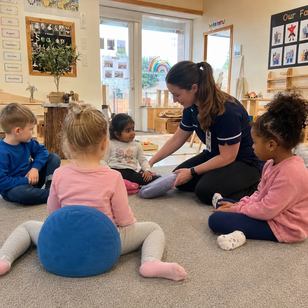 Children using sensory seating during classroom circle time with teacher support