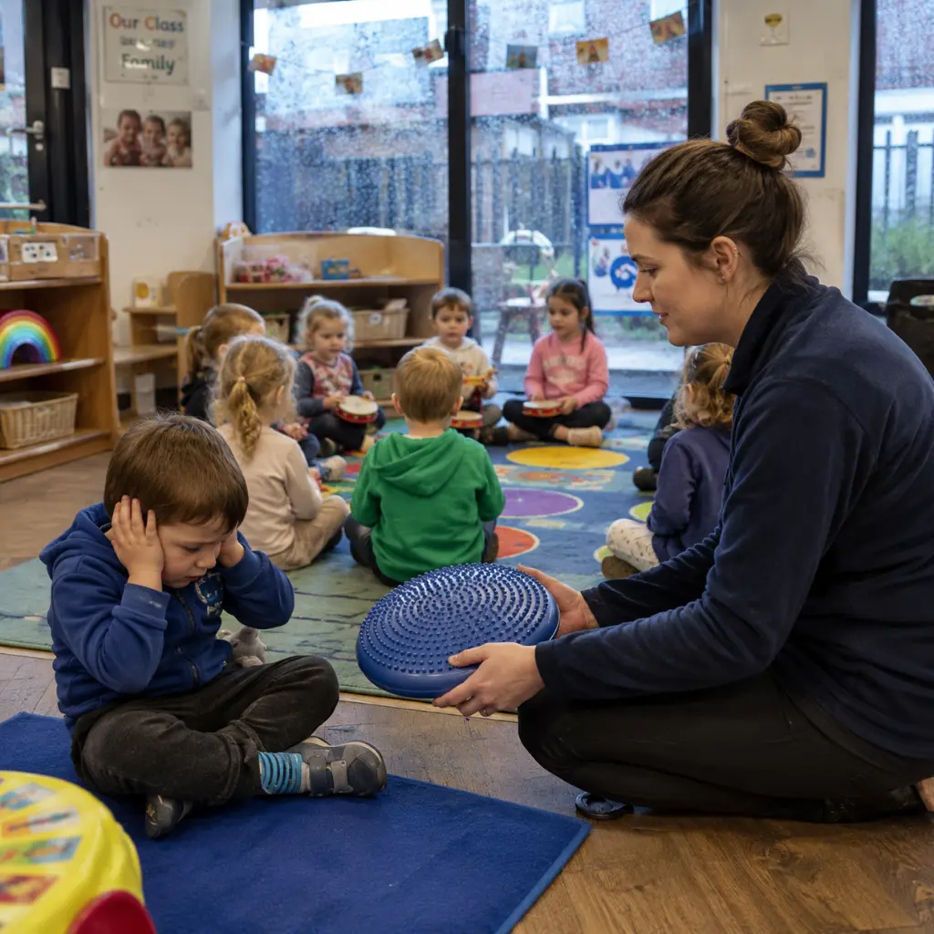 Teacher helping child with sensory balance cushion during nursery group activity