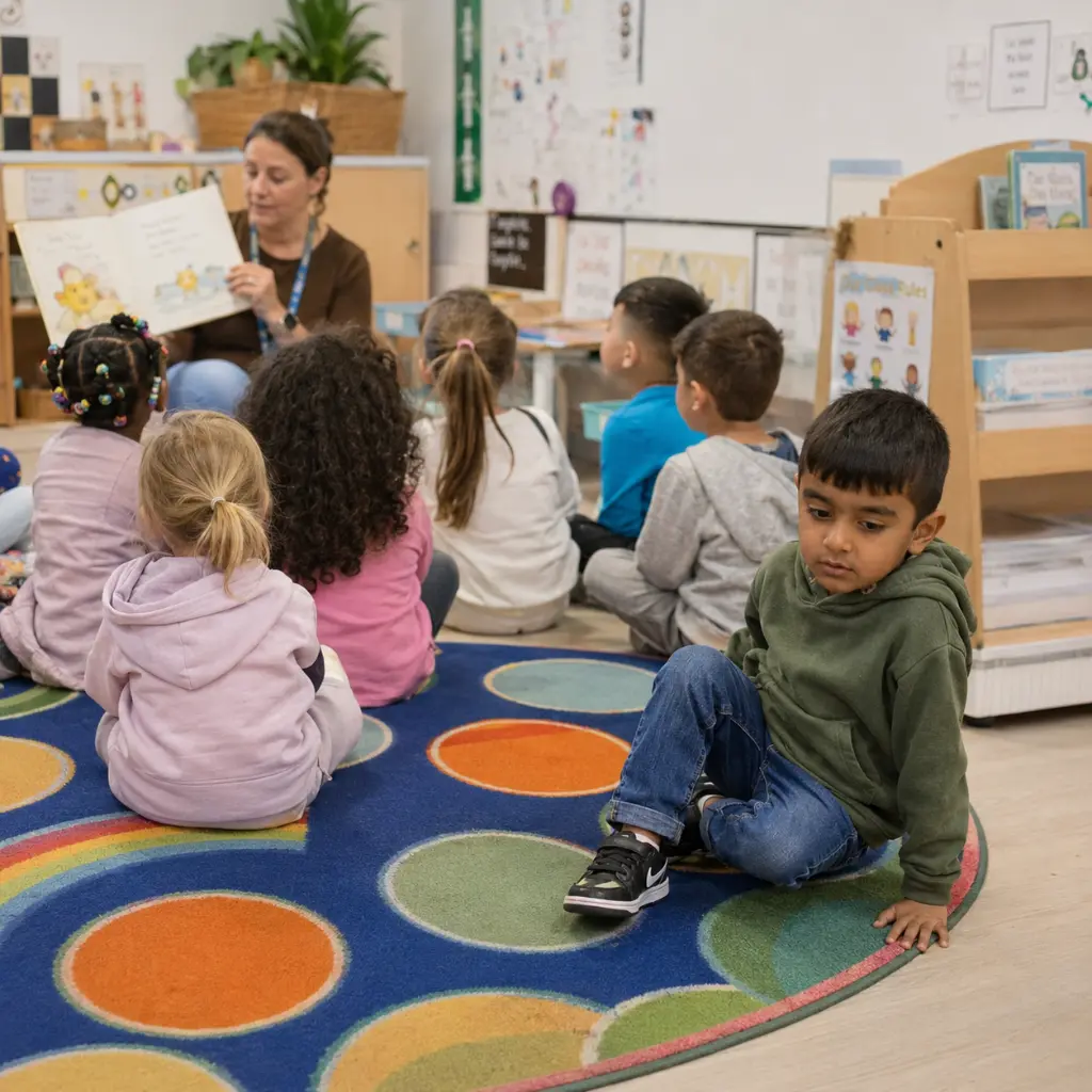 Young children sitting in classroom circle time while teacher reads a story