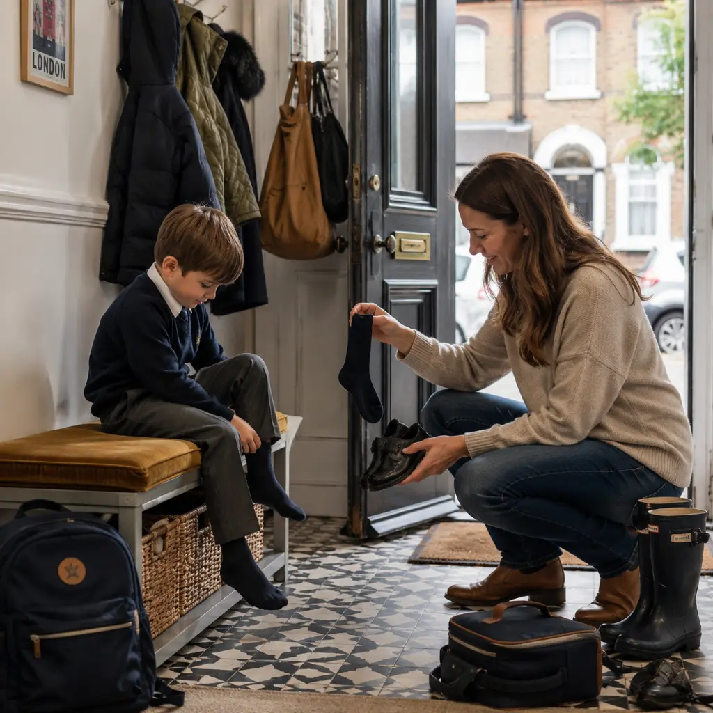 Parent helping school child get dressed in hallway before leaving for school