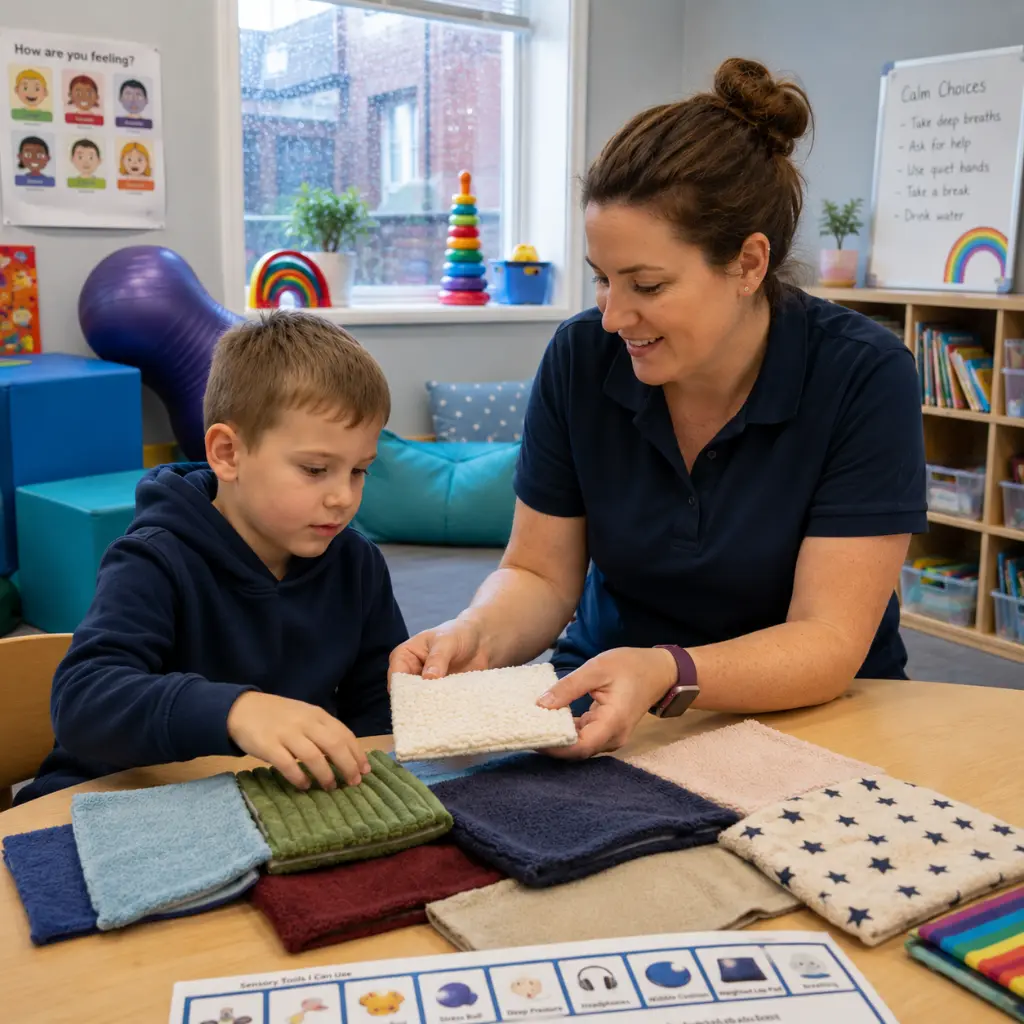 Therapist helping child explore soft fabric textures during sensory regulation activity
