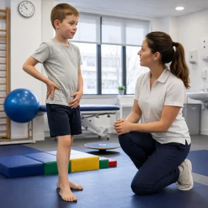 Physiotherapist checking hip pain symptoms in young boy