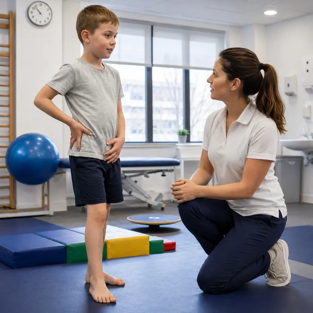 Physiotherapist checking hip pain symptoms in young boy