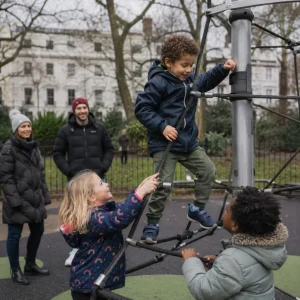 Children climbing playground frame to build balance and confidence