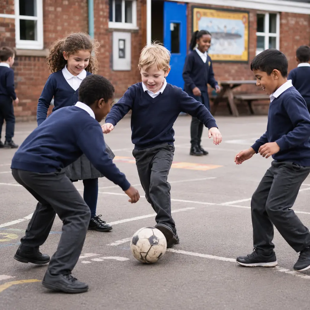 Primary school children playing football during outdoor break time