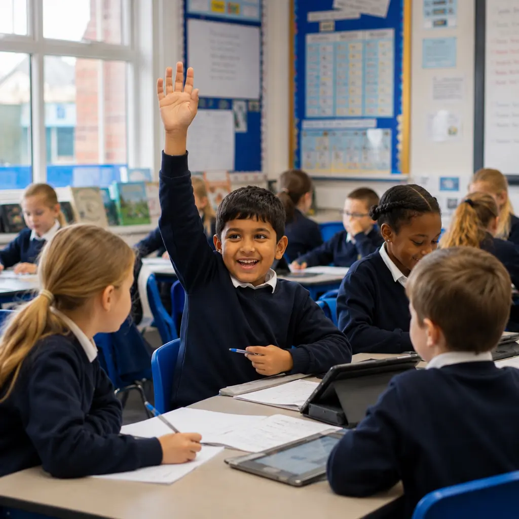 School pupil raising hand confidently during classroom lesson