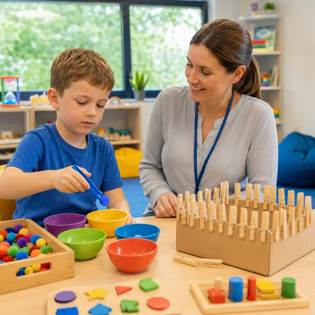 British boy practises tweezers and pegs during occupational therapy hand strengthening activities.