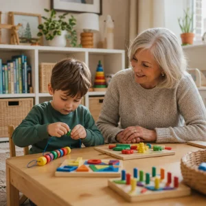 British boy threads wooden beads while grandmother encourages independent fine motor development.