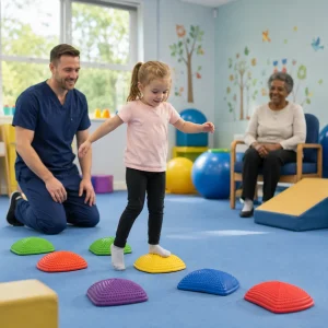 Child balancing on sensory stepping stones during physiotherapy while therapist encourages confidently.